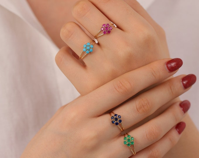 14k Gold Ruby Hexagon Flower Ring | Handmade Jewelry, July Birthstone, Bridesmaid Gift, Positivity Gemstone, Honeycomb Ring, Birthday Gift