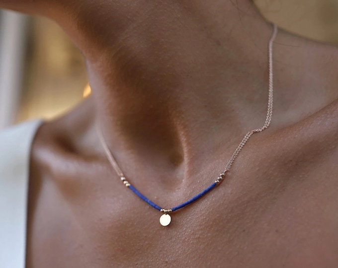 LAPIS LAZULI Necklace with GOLD Coin Pendant | 14k Gold Engravable Necklace December Birthstone | Lapis Gemstone | Personalized Gift for Her