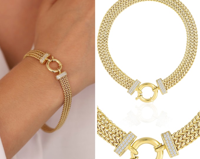 14k Gold 3 Strands Foxtail Chain Bracelet w/ Sailor Clasp | 7mm Wheat Chain & Charm, Sailor Lock w/ Heart, Moon, Star Charms, Gift for Her