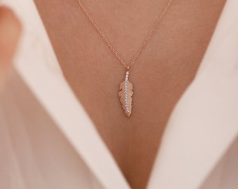 14k Gold Feather Necklace | Dainty Bird Feather Minimalist Nature Pendant