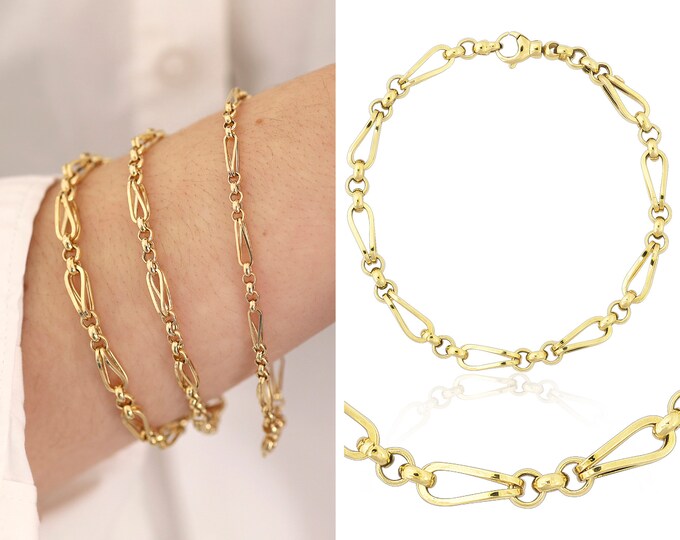 14k Gold 5mm Barleycorn & Rolo Chain Bracelet | Vintage Look Thick Wheat Chain w/ Rolo Links, Multi Chain Design Bracelet, Anniversary Gift