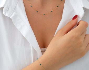 14k Gold Malachite Beaded Necklace | Handmade Jewelry Gift for Good Luck, Green Beaded Jewelry, Gemstone for Securing Home, Anniversary Gift