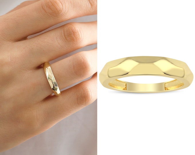 14k Gold Patterned Band Ring | Geometric Faceted Rings, Stackable Rings, Bold Fashionable Rings, Christmas Gift, Mom Gift, Gift for Her