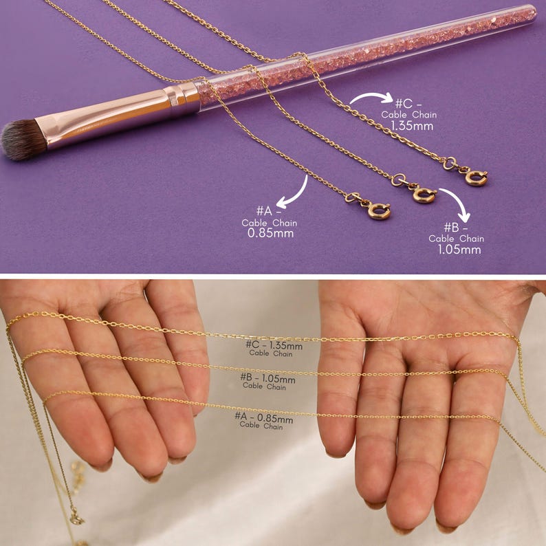 May include: Three gold cable chains of different thicknesses, labeled #A, #B, and #C. The chains are laid out on a pink surface and a hand is holding the chains in a different image. The chains are 0.85mm, 1.05mm, and 1.35mm thick.