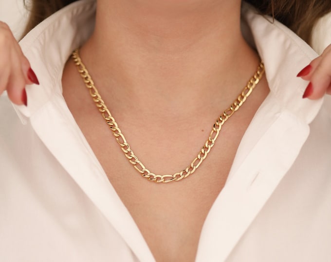 14k Gold 6mm Figaro Chain Necklace | Bold Cuban Chain, Thick Figaro Link Chain, Layering Unisex Chain, Statement Jewelry, Anniversary Gift