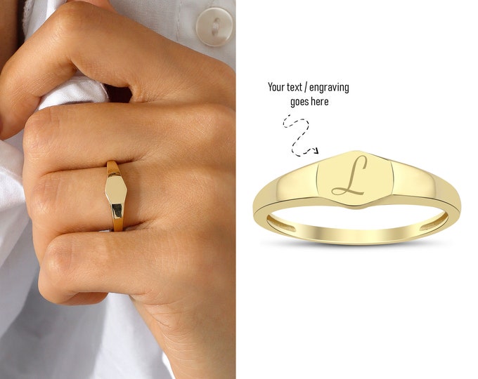 14k Gold Hexagon Initial Ring | Engravable&Personalized Statement Ring, Delicate Daily Jewelry, Christmas Gift, Birthday Gift, Gift for Her