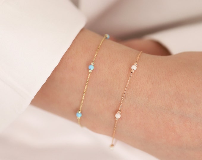 14k Gold White Opal Round Bracelet | Light & Dark Blue Opal, October Birthstone, Dainty Libra Zodiac Bracelet, Venus Jewelry, Birthday Gift