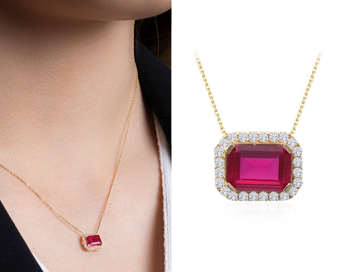 14k Gold Red Ruby Gemstone Necklace | Dark Pink Pendant, Handmade Jewelry, Red Zirconia Necklace, Baguette Cut Jewelry, Bridesmaid Gift