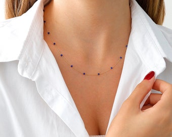 14k Gold Lapis Lazuli Beaded Necklace | Blue Gemstone Beads, Calming Meditation Stone