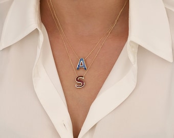 14k Gold Enamel Letter Necklace | Colorful Initial Alphabet Personalized Pendant