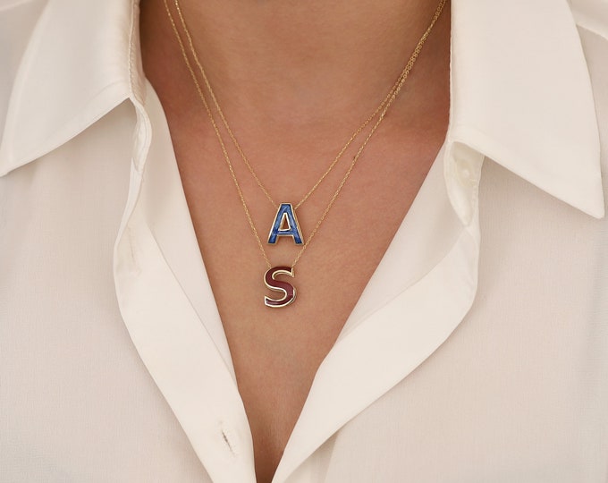 14k Gold Letter Necklace with Enamel | Pearlescent Colors Initial Necklace, Alphabet Necklace, Name Pendant, Personalized Gift for Women