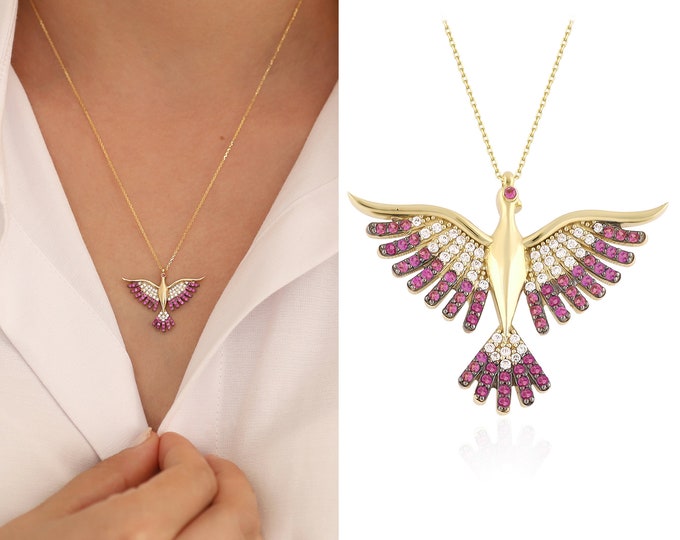 14K Gold Pink Ruby Phoenix Necklace | Big Firebird Pendant, Elegant Turquoise Gemstone Simurgh Charm, Handmade Jewelry, Anniversary Gift
