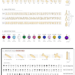 May include: A chart showing different types of tags for jewelry personalization. The tags include mini icons, mini letters, birthstones, and mini plates. The mini plates are engravable and come in a variety of shapes, including rectangle, soft-edged, oval, bone, and cross. The chart also includes a list of icons and fonts that can be used for engraving.