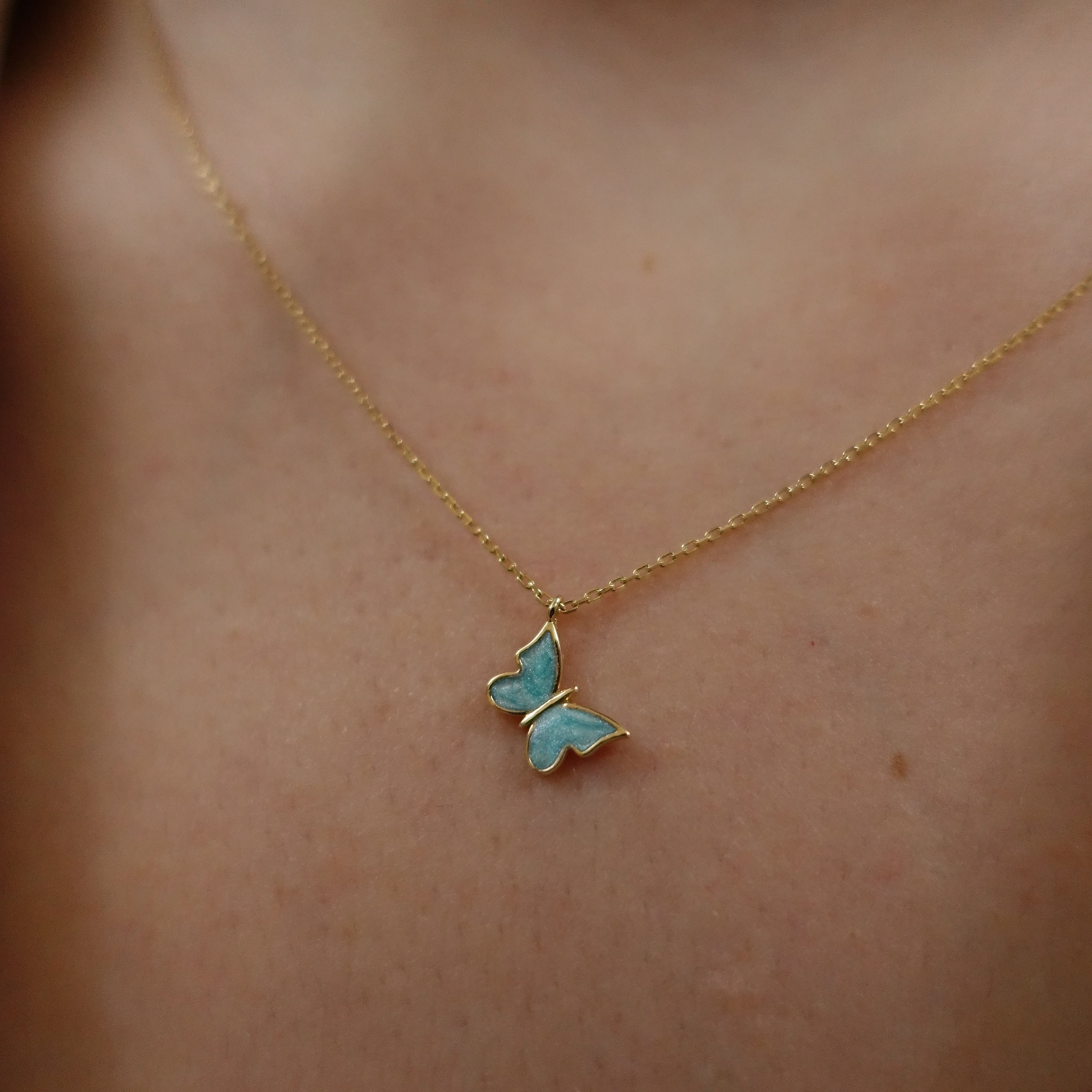 Blue Butterfly Necklace 14k Gold Minimal Blue Enamel Etsy
