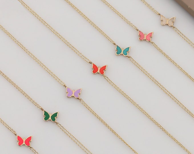 14k Gold Butterfly Bracelet | Blue, Green, Purple, Pink, White, Red Butterfly Bracelet, Handmade Enamel, Gift for Teenagers, Memorial Gift