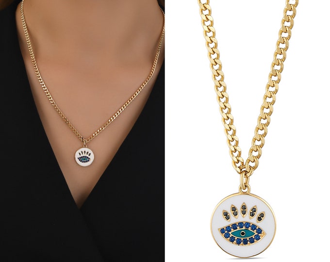 14k Gold Chain Evil eye Necklace w/ Evileye Charm on Gold Disc, Eyelash eye lash on White Enamel | Blue Eye Nazar Enamel Pendant