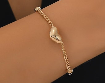 14k Gold Bracelet | Thick Curb Chain w/ Lobster Claw Lock Bracelet, Puffed Heart Pendant with Gold Balls & Crystal Balls | Gift for Her