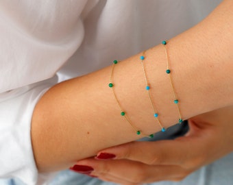 14k Gold Malachite Beaded Bracelet | Green Gemstone Chakra Healing Jewelry