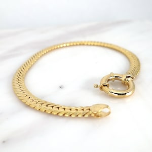 Pulseira de corrente espinha de peixe Sailor Lock | Pulseira de corrente de cobra plana e grossa de ouro 14k, joias finas pesadas | Presente de dia dos namorados
