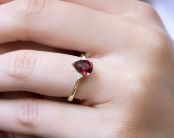 14k Gold Ruby Ring | Teardrop Cut Ruby & Diamond Engagement Proposal Jewelry