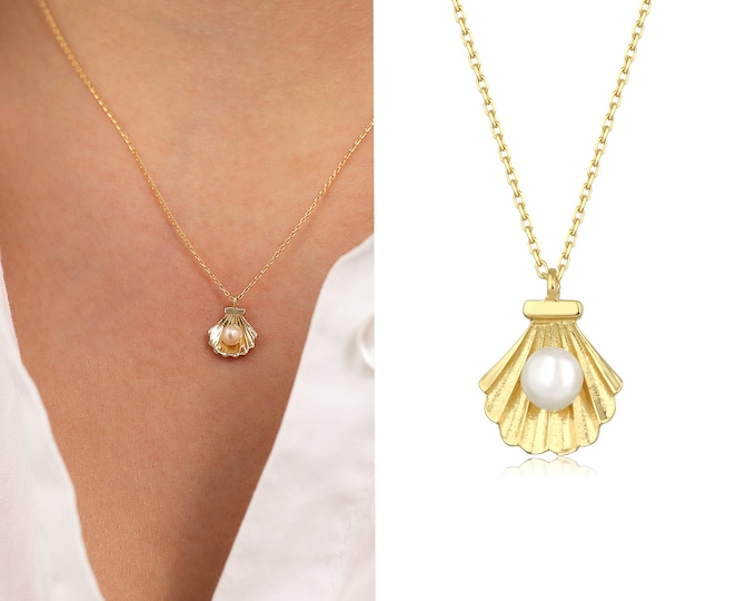 Pearl in SeaShell Pendant | Cockle Shell Necklace | AAA Quality Pearl in Oyster Clam Oceanic Nautical Charm Pendant w/ Gold Chain Necklace