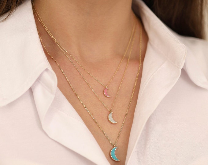Colorful Moon Necklace | 14k Gold Moon Necklace, Luminous Enamel Crescent Moon Pendant Necklace, Luminescent Enamel Jewelry, Graduation Gift