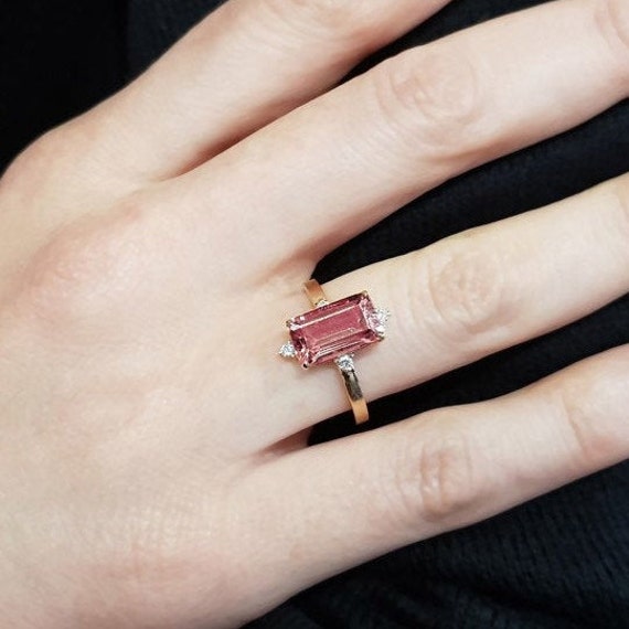 14k Gold Diaspore Ring w Diamonds Emerald Cut Statement Ring Color Changing Diaspore Gem Sultan Ring Promise Ring Gift for Her