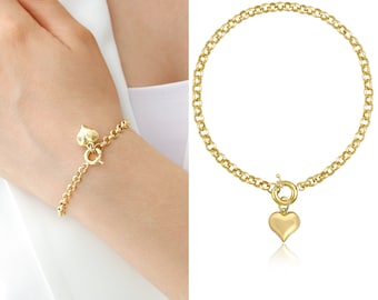 14k Gold Rolo Chain Bracelet with Heart Charm | Belcher Chain w/ Sailor Lock, Heart Charm Bracelet, Vintage Look Jewelery, Anniversary Gift