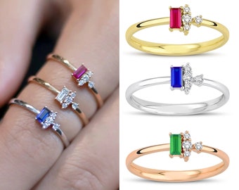 14k Gold Baguette Cut Emerald Ring | Wedding & Proposal Diamond Ring, Handmade Jewelry, Bridesmaid Gift, May Birthstone, Anniversary Gift