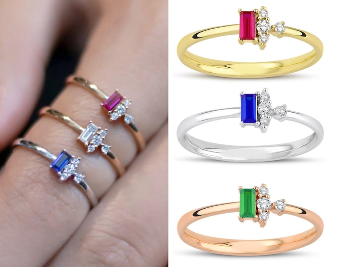 14k Gold Baguette Cut Emerald Ring | Wedding & Proposal Diamond Ring, Handmade Jewelry, Bridesmaid Gift, May Birthstone, Anniversary Gift