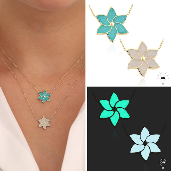 Luminous Jasmine Flower Necklace | 14k Gold Jasmin Necklace, Luminescent Flower Pendant, Floral Jewelry, Handmade Enamel, Shiny Gift for Her