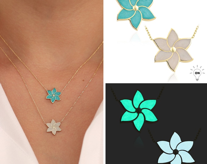 Luminous Jasmine Flower Necklace | 14k Gold Jasmin Necklace, Luminescent Flower Pendant, Floral Jewelry, Handmade Enamel, Shiny Gift for Her