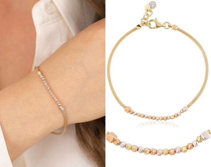14K Gold Beaded Franco Chain Bracelet | Laser Cut Beaded Chain, Italian Chain with Faceted Dorica Ball, Gift for Women, Anniversary Gift