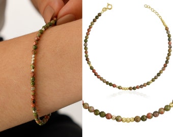 Unakite Bracelet with 14k Gold Dorica Bead | Natural Stone Beaded Bracelet, Scorpio Gemstone Bracelet, Unakite Worry Stone, Gift for Her