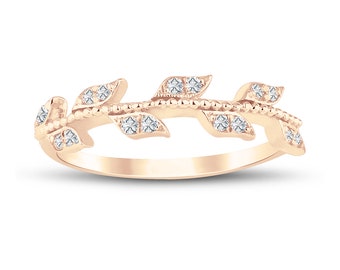 18k Gold Diamond Leaf Ring | 14k Solid Gold Bridesmaid Ring, Dainty Leaf w/ Diamonds Gold Ring, Anniversary Gift for Her
