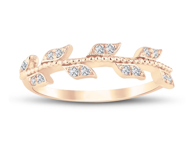18k Gold Diamond Leaf Ring | 14k Solid Gold Bridesmaid Ring, Dainty Leaf w/ Diamonds Gold Ring, Anniversary Gift for Her