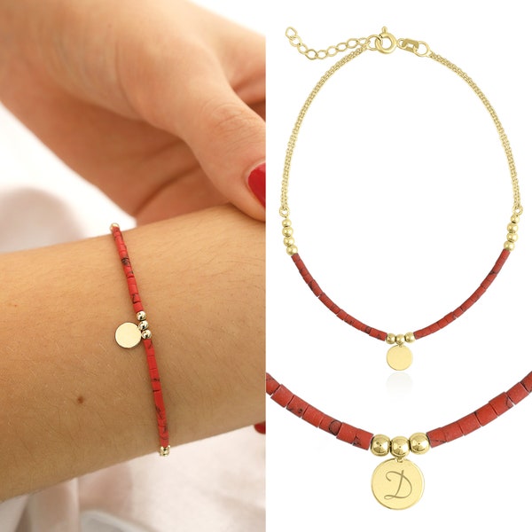 14k Gold Red Coral Bracelet w/ Beads | Engravable Coin, Personalized Disc Charm, Dainty Handmade Coral NATURAL Stone Bracelet, Gift for Her