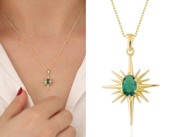 14K Gold Emerald North Star Necklace | Symbol Wisdom and Clarity, Minimalist Jewelry, Guiadence Necklace, Meaningful Gift, Gift For Her