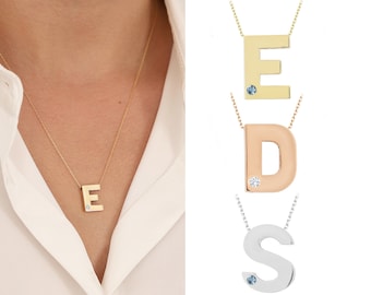 14k Gold Initial Necklace with Birthstones | Alphabet Pendant, Personalized Letter Necklace, Zodiac Month Jewelry, Birthday Gift for Lover