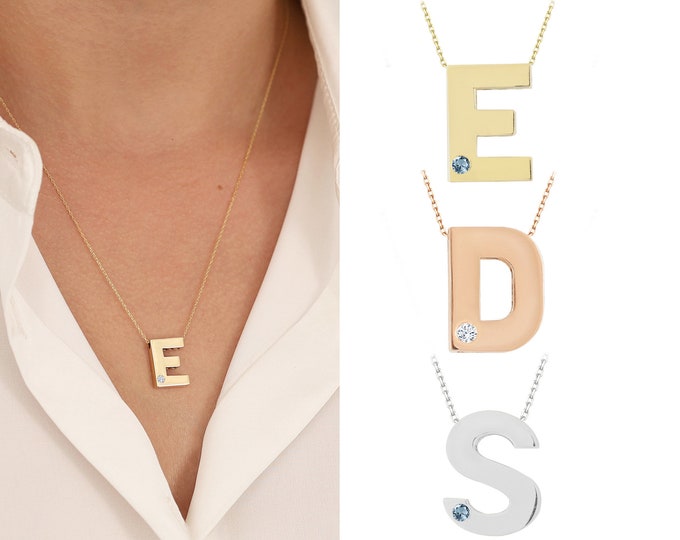 14k Gold Initial Necklace with Birthstones | Alphabet Pendant, Personalized Letter Necklace, Zodiac Month Jewelry, Birthday Gift for Lover