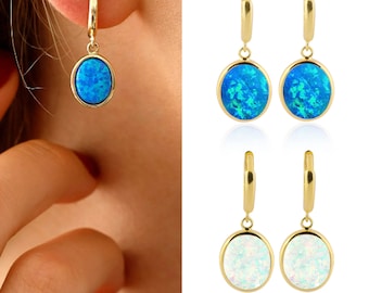 14K Gold Blue Opal Earrings | October Birthstone Jewelry, Blue Stone Earrings, Libra Zodiac Jewelry, Great Jewelry Present For Birthday