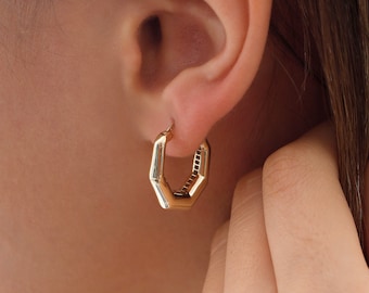 14k Gold Hexagon Hoop Earrings | Vintage Bold Wide Chunky Huggie Statement Jewelry