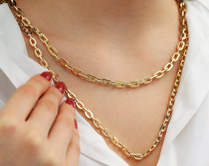 14k Gold 6mm Elongated Link Chain | Thick Chain Necklace, Heavy Statement Necklace, Bold Layering Necklace, Chunky Jewelry, Anniversary Gift