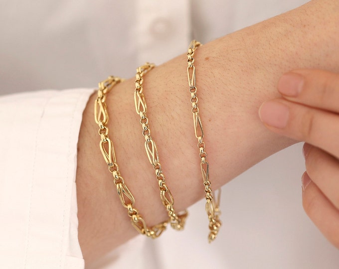 14k Gold Barleycorn Chain & Rolo Chain Bracelet | Retro Wheat Chain w/ Rolo Links, 4mm Chain Bracelet, Stacking Bracelet, Anniversary Gift