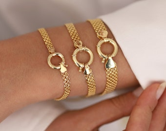 14k Gold 4mm Bismarck Chain Bracelet w/ Sailor Lock | Mesh Chain Bracelet, Sailor Clasp with Heart, Key, Padlock, Star Charms, Gift for Her