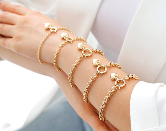 14k Gold Belcher Chain Bracelet with Heart Charm | Rolo Chain with Sailor Clasp, Charm Bracelet, Vintage Look Jewelery, Valentines Day Gift