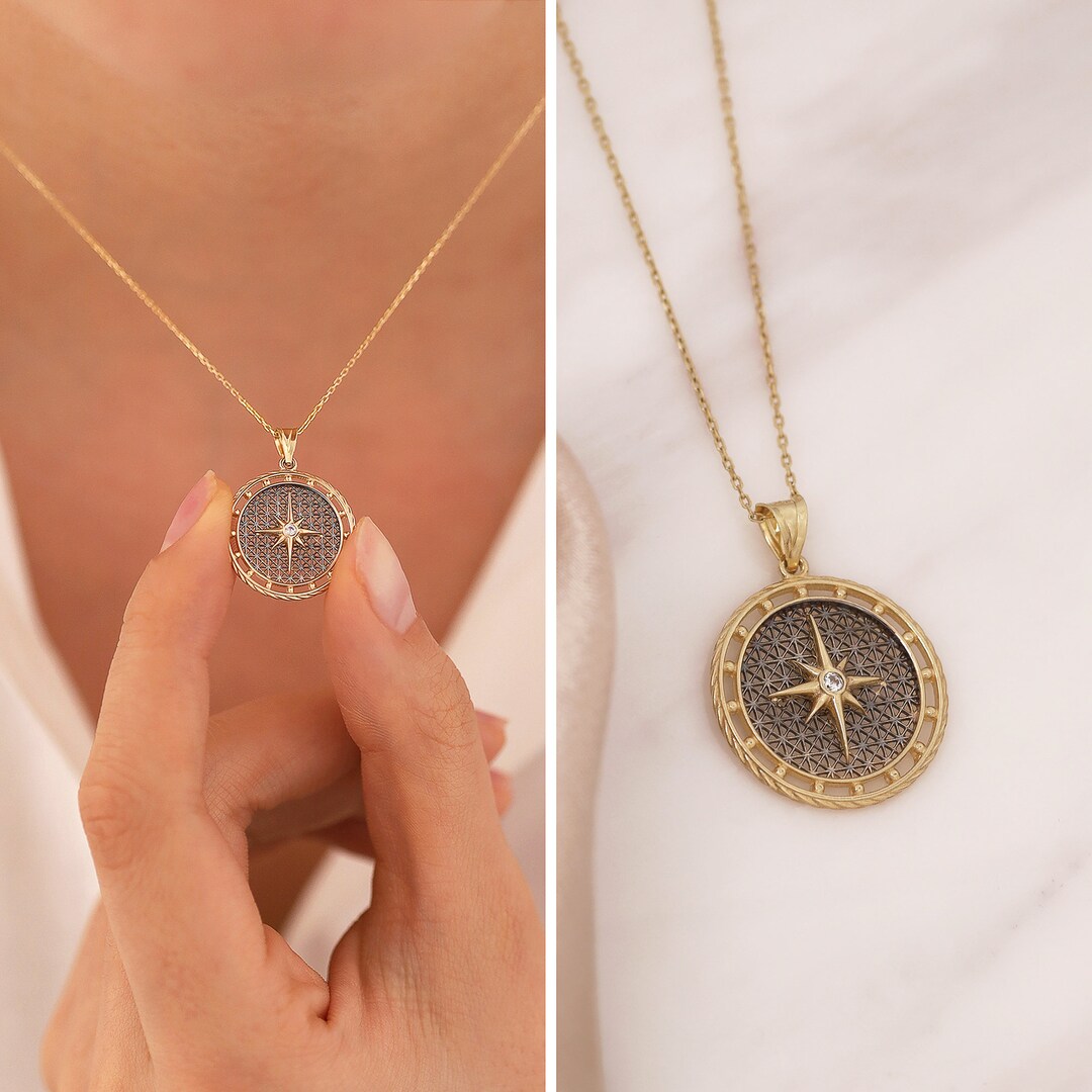 14K Gold Compass Necklace Travelers Jewelry Chic Design A Etsy