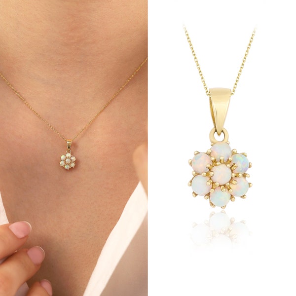 14K Gold White Opal Flower Necklace | Handmade Fine Floral Jewelry, Hexagon Libra Birthstone, Chic Design, Birthday Present, Gift For Her,