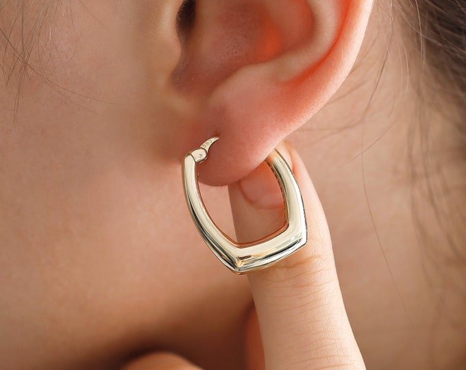 14k Gold Rectangle Hoop Earrings | Chunky Vintage Look Huggie Earrings, Boho Casual Jewelry
