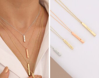 14k Gold Vertical Bar Necklace | Personalized with Location, Date Engraved Necklace, Family Name Necklace, Thin Bar Pendant, Gift for Mother